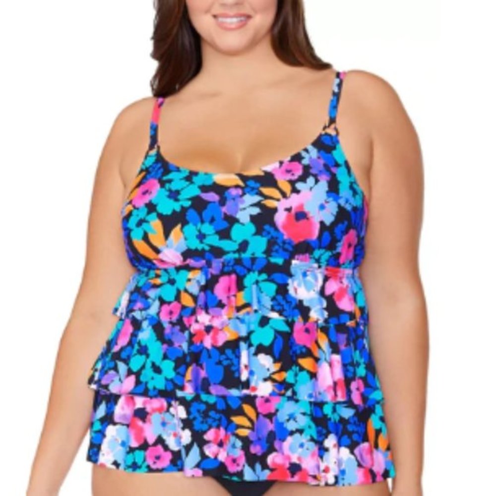 Island Escape Tallulah Floral Tiered Tankini Swim Top Black 16W